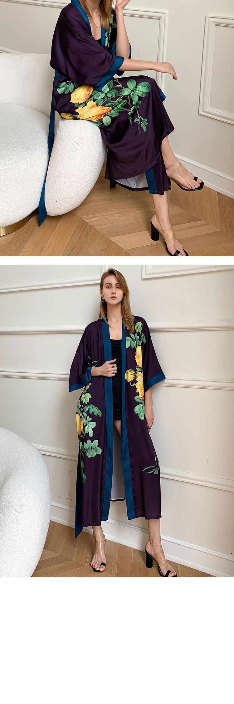 Elegant Floral Print House Robe Wide Sleeve Lounge Robe - Temu Canada