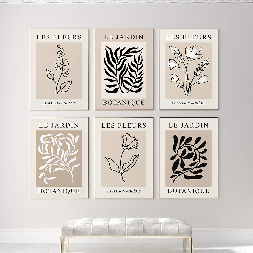 Image of 6pcs Neutral Botanical Canvas Painting, Vintage Floral Poster And Print, Wall Art, Home Decor