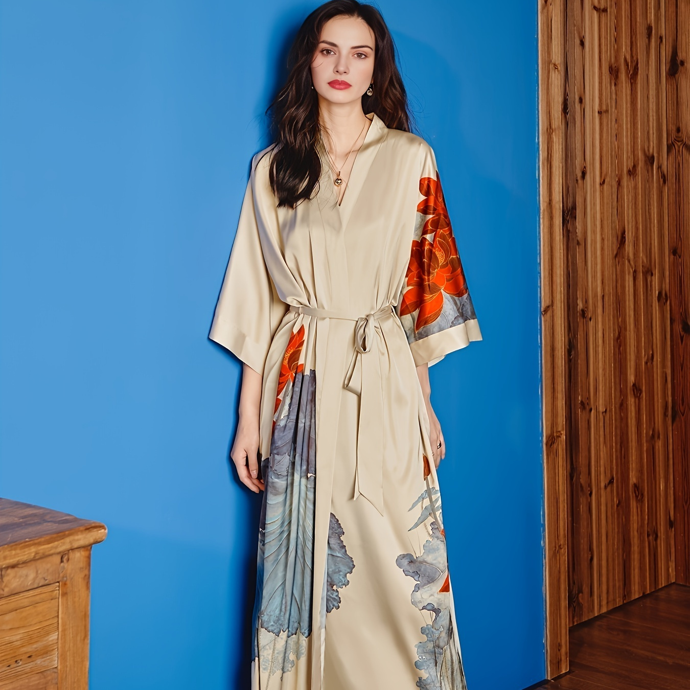  Womens Satin Robes Butterfly Print Short Kimono Robes  Sleepwear