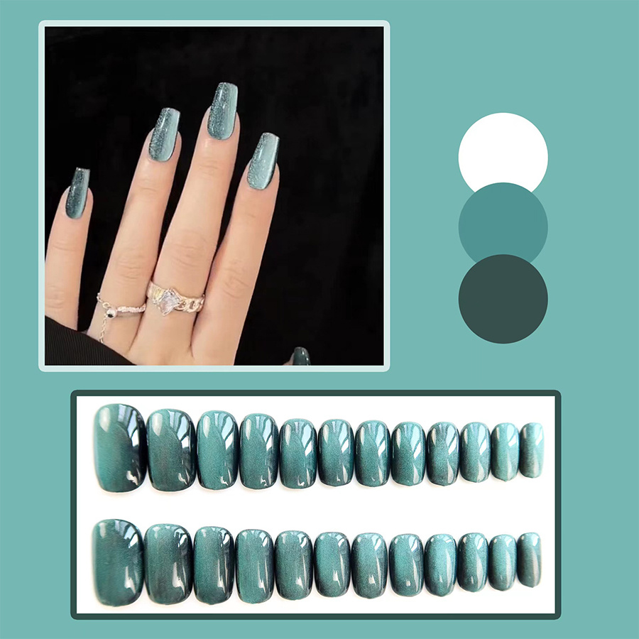 24 pcs st patricks day blue green cats eye fake nails full coverage press on acrylic tips details 1