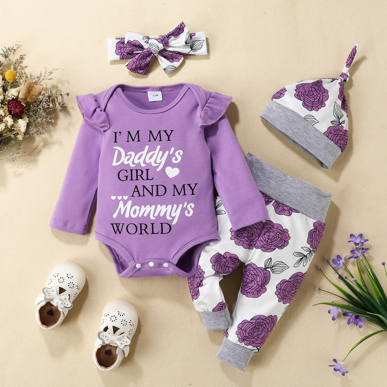 Newborn Baby Letter Flower Print Long Sleeve Romper Pants - Temu