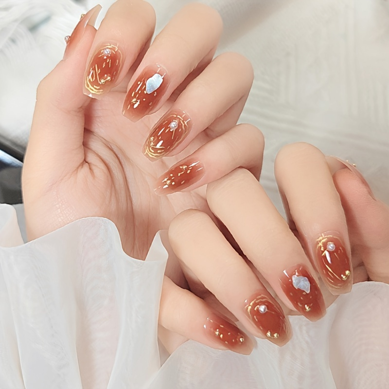 24pcs False Nails With Designs Leopard Heart Printed Nail Patch With Glue  Paragraph Fashion Removable Manicure Tips Acrylic Nail AliExpress Beauty  Health | 24pcs Glossy Amber False Nails Wearable Long Fake Nails