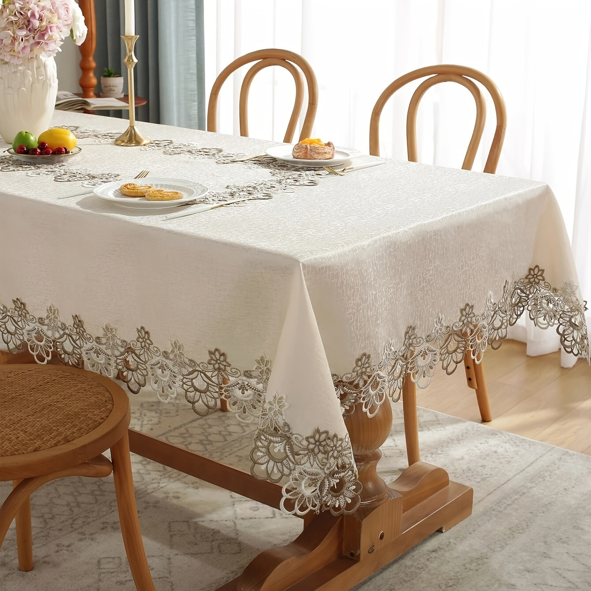 1pc Polyester Jacquard Guipure Lace Trim Tablecloth, Table Topper For Thanksgiving Outdoor Farmhouse Rustic Kitchen Party Birthday Picnic