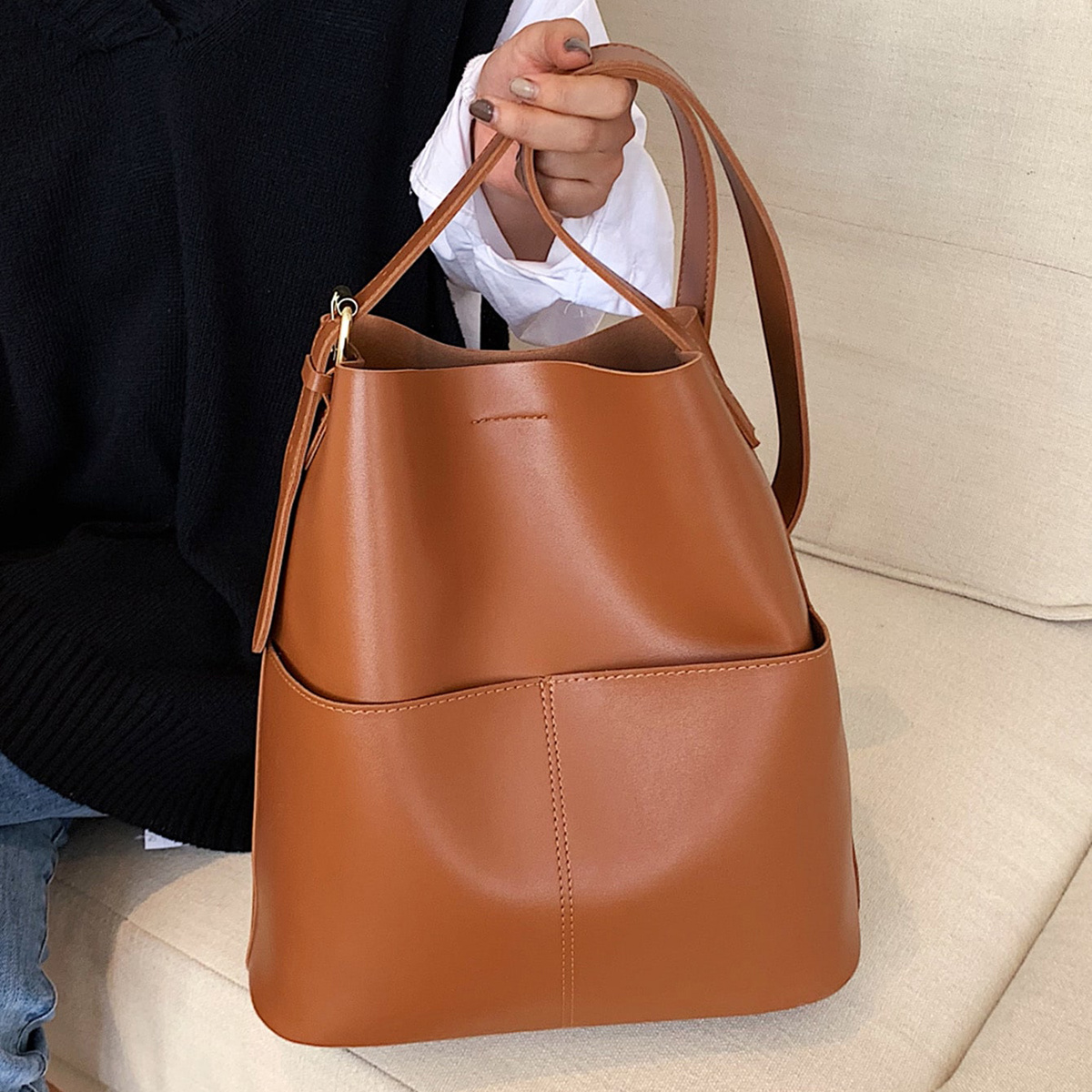 Classic Style Large Capacity Tote Shoulder Bag Handbag Women's Casual  Bucket Bag