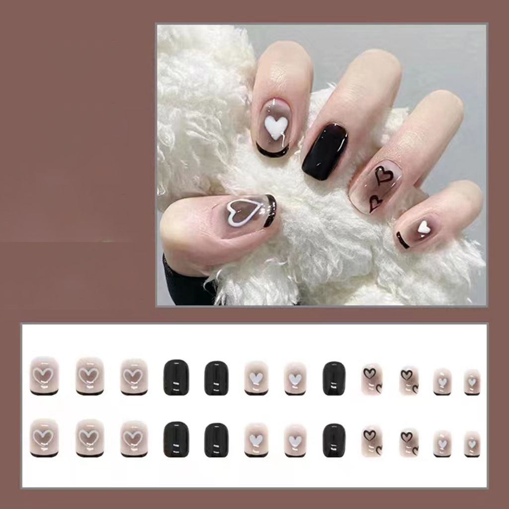 Press On Nails Short Square Fake Nails Glossy With Black Heart Design Full  Cover Acrylic Nails For Women And Girls | Check Out Today's Deals Now | Temu