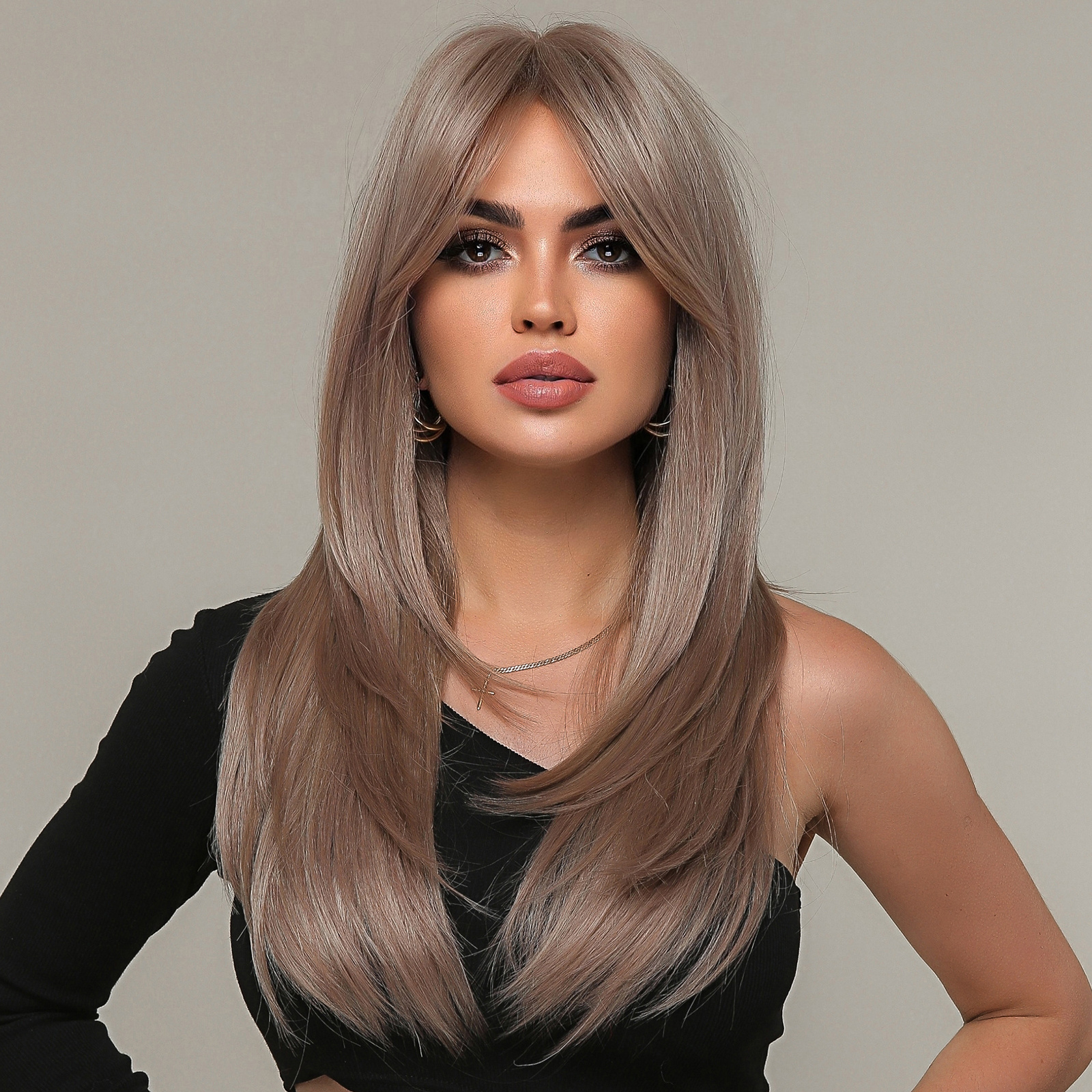Long Brown Wigs With Bangs For Women Straight Grey Highlight Synthetic ...