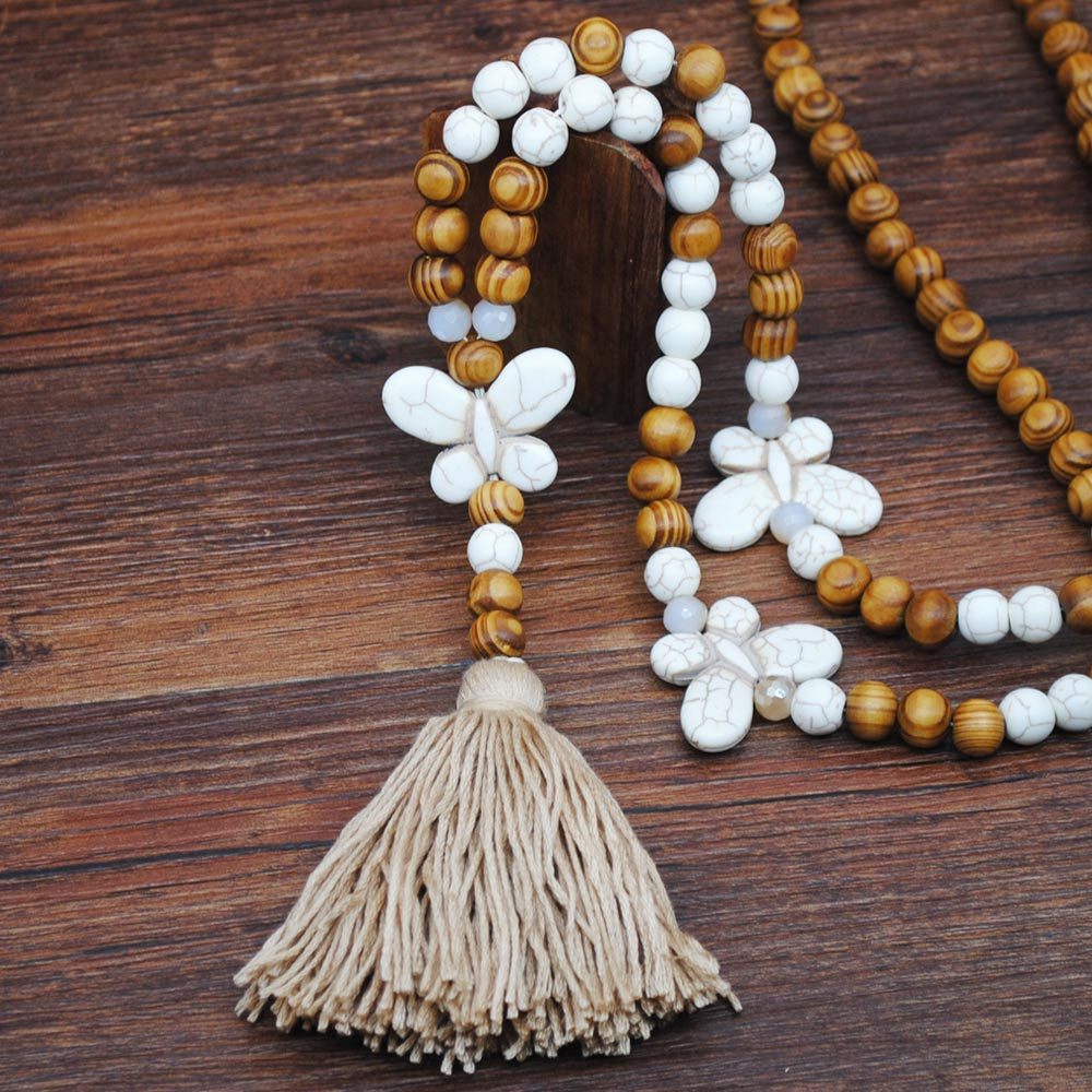 Image of Synthetic Turquoise Pendant, Round Bead Handmade Tassel Long Necklace, Women's Autumn/winter Sweater Chain