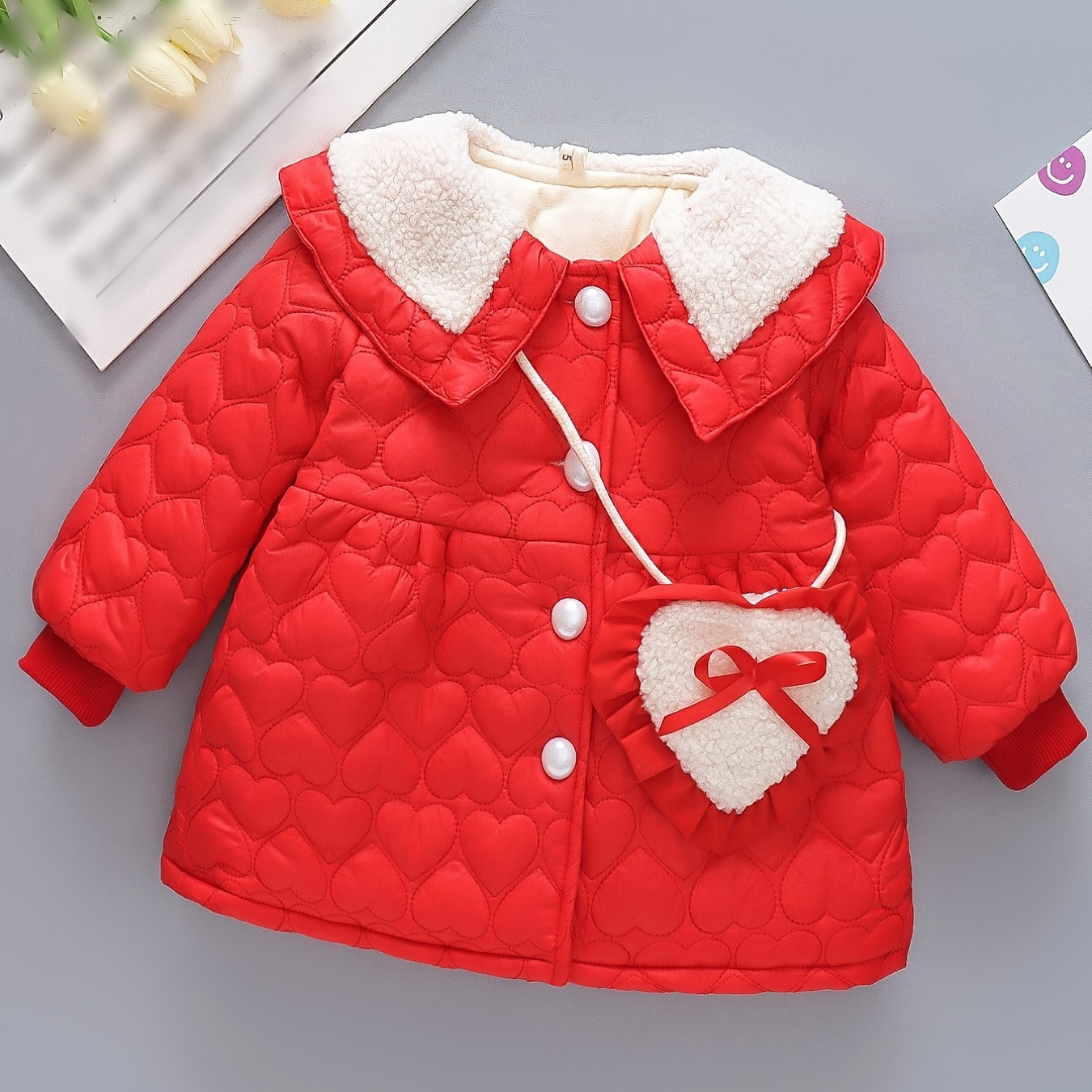Toddler Baby Girls Fleece Warm Puffer Coat Heart Print Button Lapel