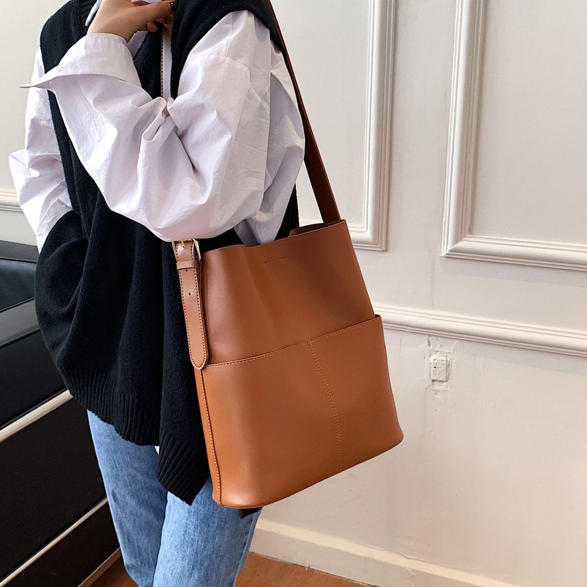 Brown Genuine Leather Top Handle Minimalist Bucket Bag with Wide Strap