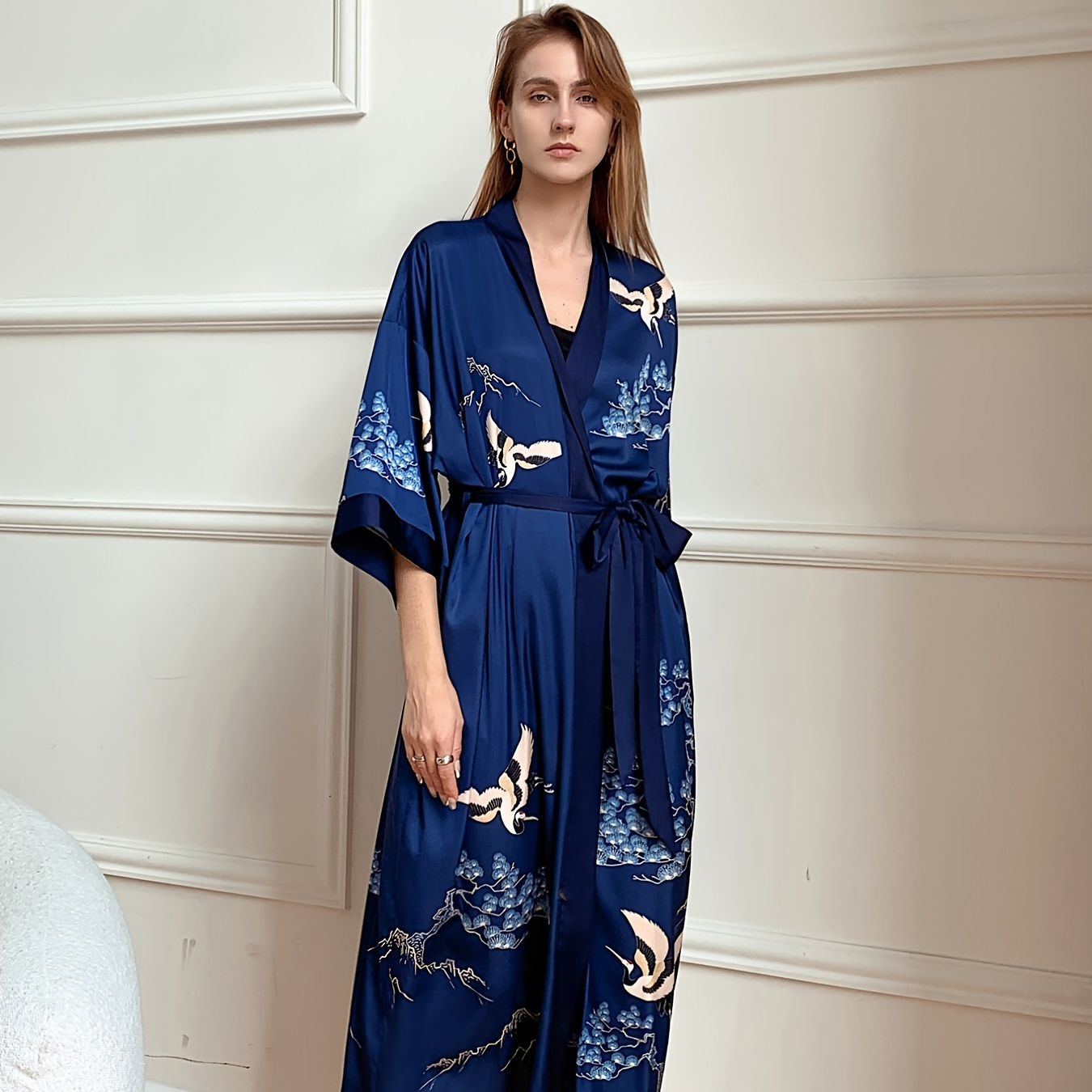 Navy Blue Floral Print Satin Kimono Halbarm Kurze Lounge - Temu Germany