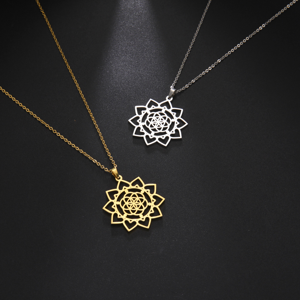 

Viking Chakra Flower Of Life Necklaces For Women Amulet Stainless Steel Neck Chain Geometric Flower Mandala Jewelry Gift