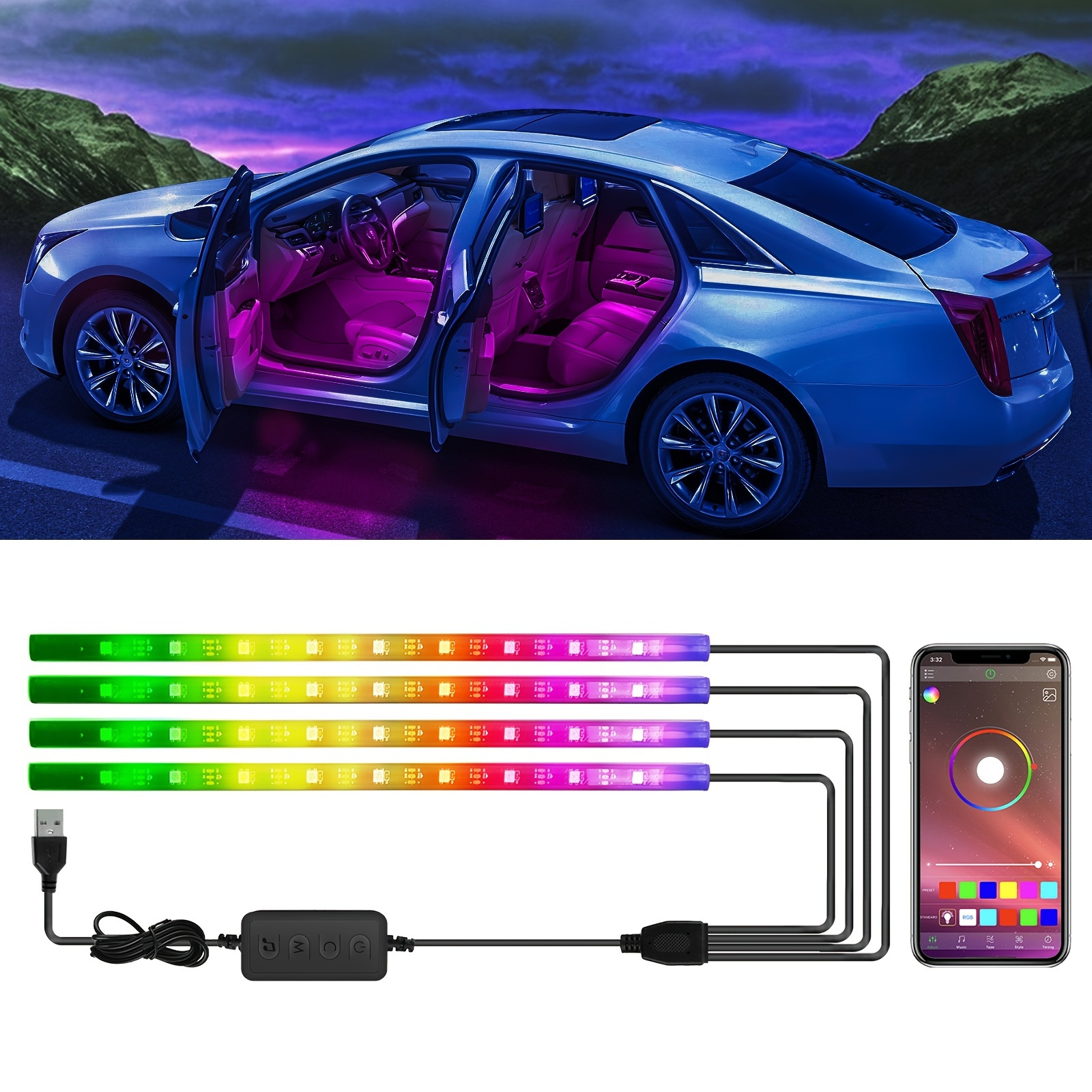RGB Car Interior Lights - 4pcs 48 LEDs Car LED Strip Atmosphere Light with  Remote and Control Box, Music Sync Waterproof