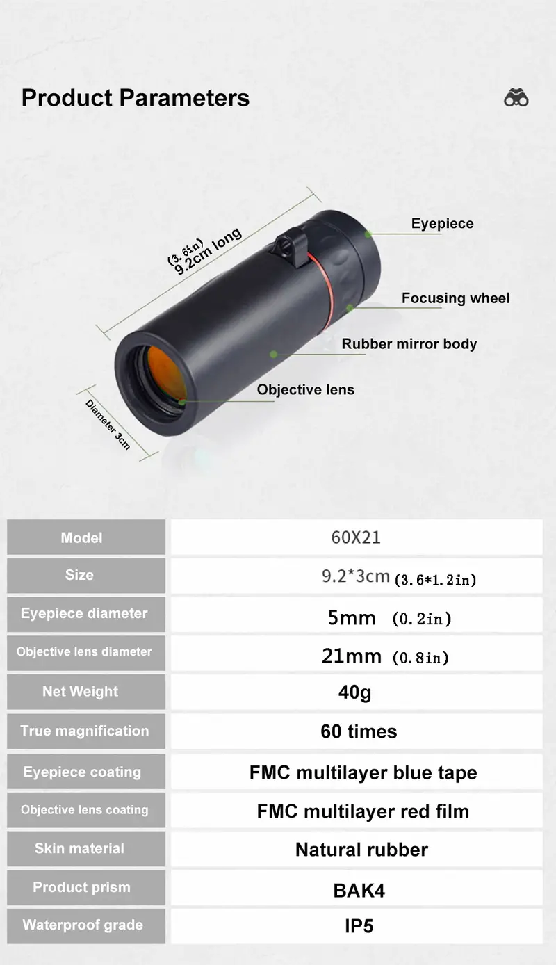 60x21 mini monocular telescope hd 10000 meters portable high quality eyepiece binoculars fmc in pocket for outdoor camping details 4