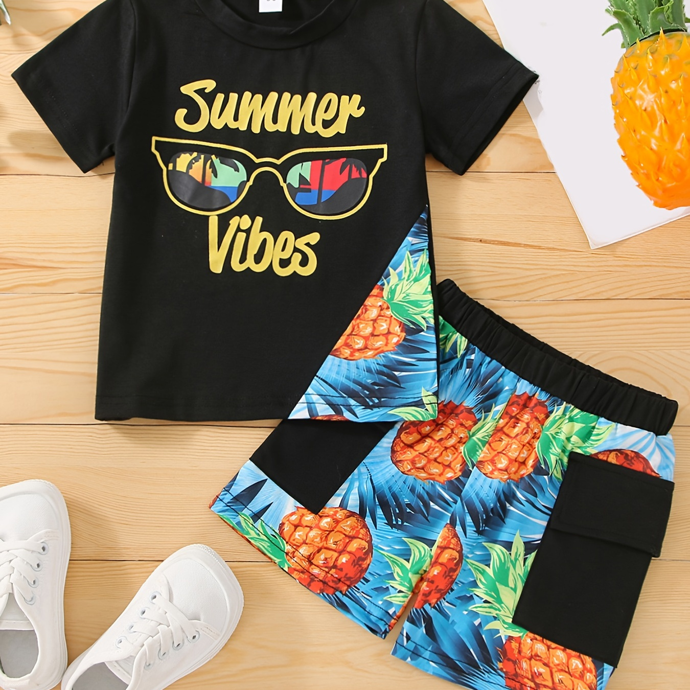 TEMU Boys Letter Glasses Pineapple Print Tee & Pocket Shorts Kids Clothes Set