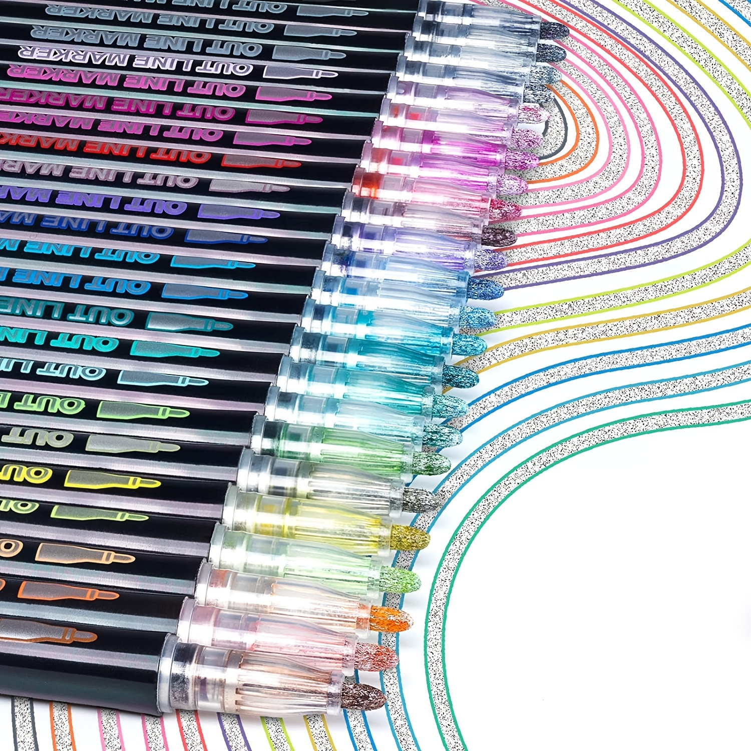 Whaline Double Line Outline Pens, 12 Colors Self-outline Metallic Markers Glitter Writing Drawing Pens for Christmas Card Writing, Birthday Greeting