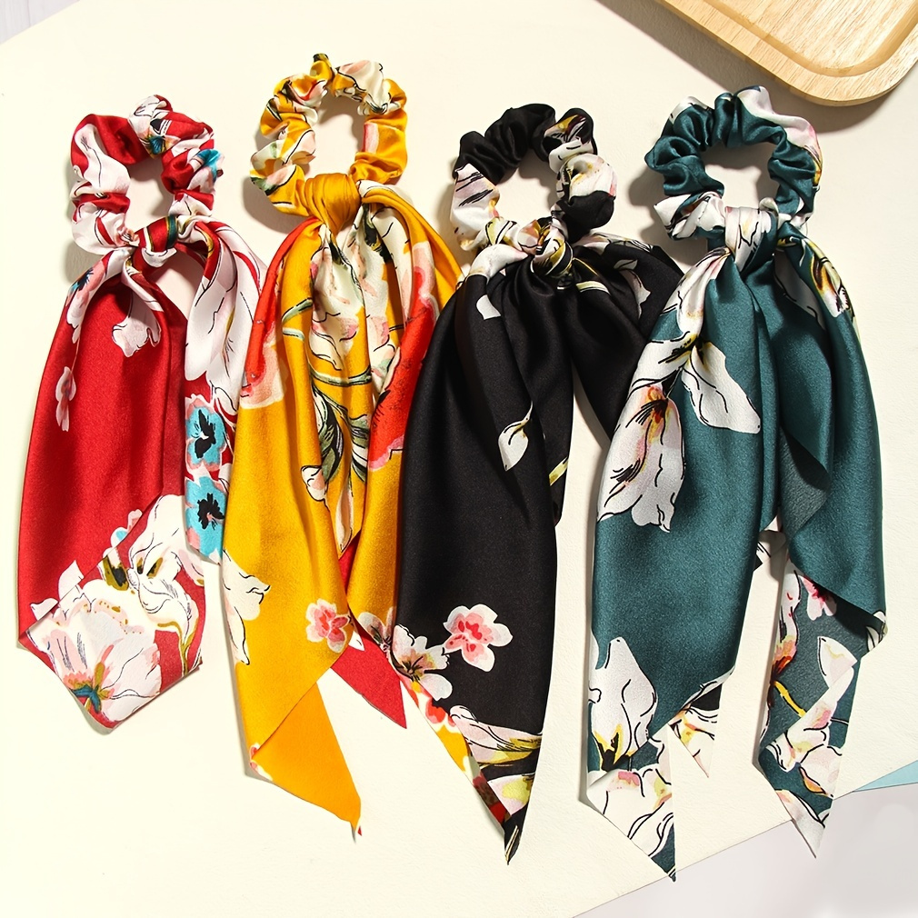 

4pcs Elegant Floral Print Scarf Hair Tie - Vintage Scrunchie Scarf For Ponytail Holder - Polyester Hair Accessory