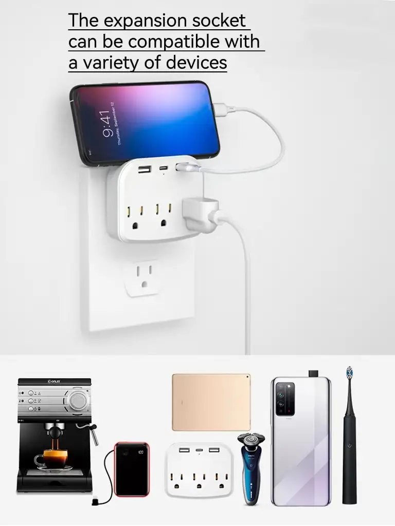 1pc Mini Outlet Extender USB Wall Charger 3 Outlet Surge Protector Power Strip With 2 USB Ports And 1 Type c Multi Plug Outlet With Spaced Outlets For Office White