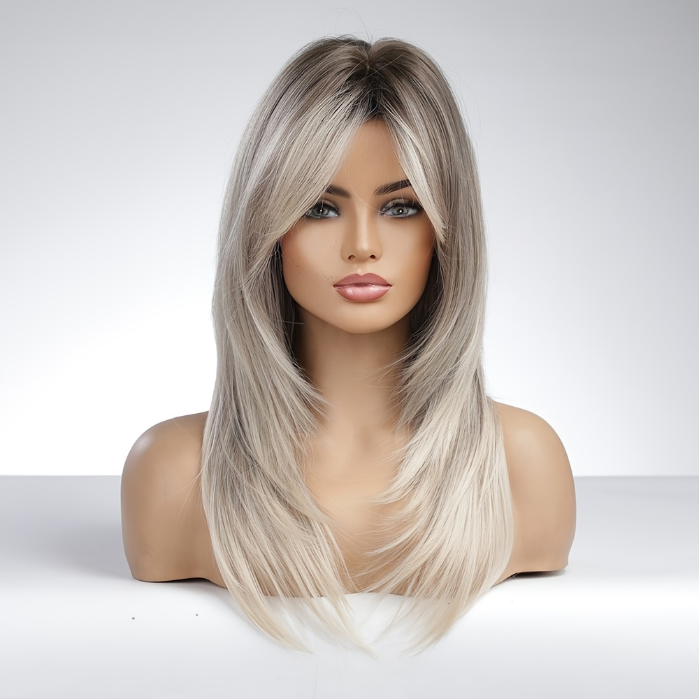 

Long Ombre Grey Blonde Wigs For Women, Synthetic Layered Hair Wig With Bangs, Heat Resistant Synthetic Wig