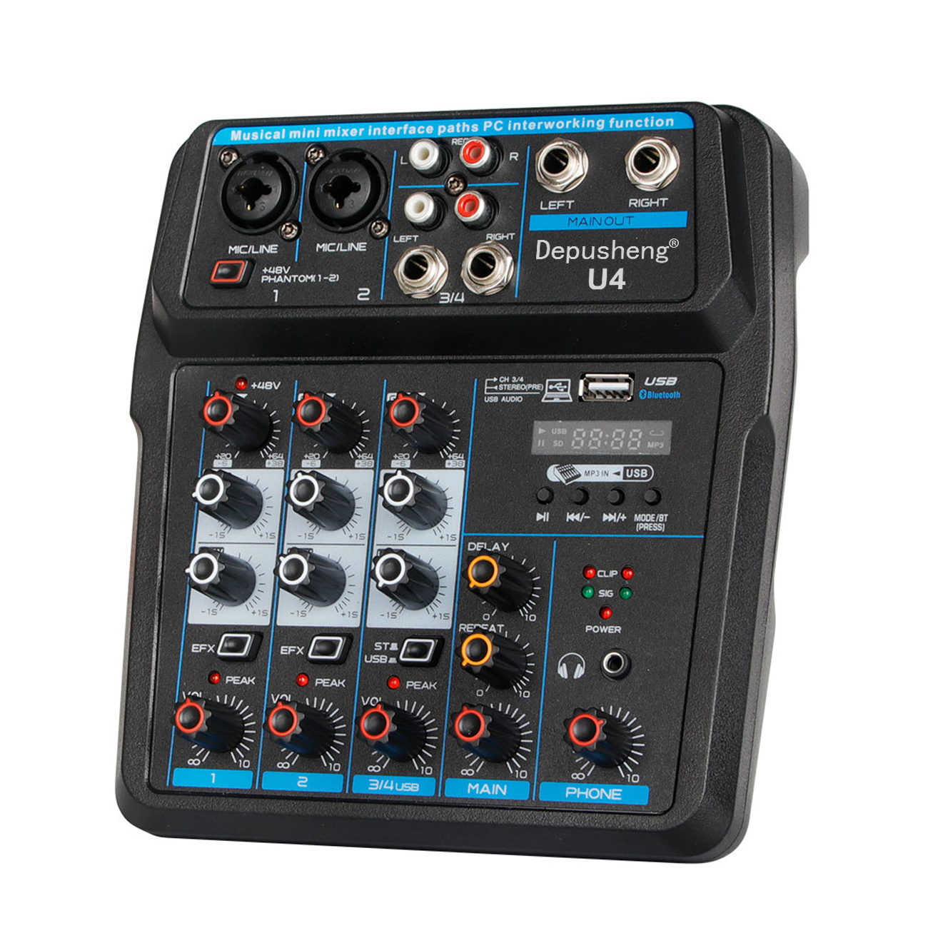 4 Channels Mini Audio Mixer BT USB DJ Sound Mixing Console