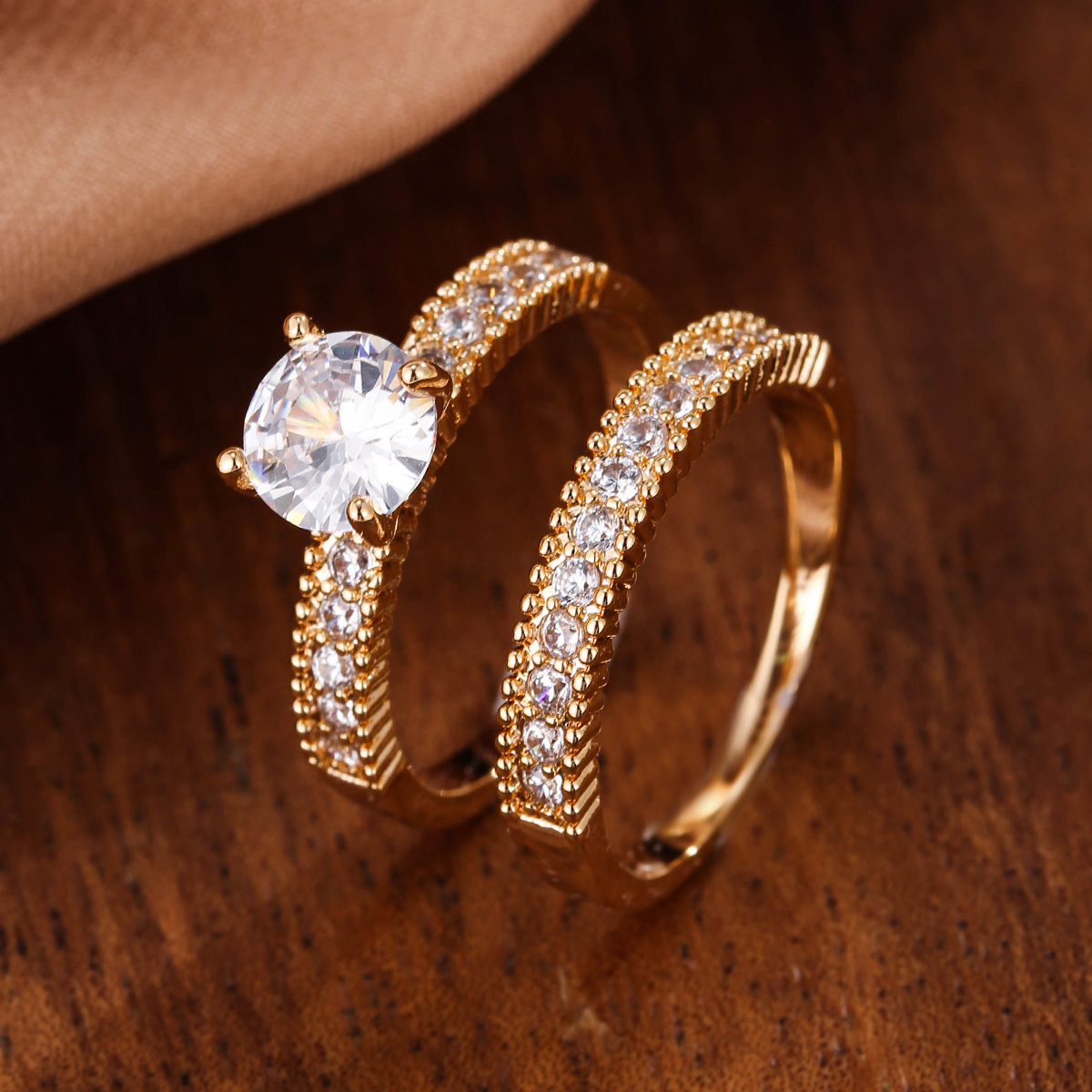 2 Pcs/Set Bridal Wedding Rings 18K Gold Plated 6 Prong Setting Zircon Rings for Women Engagement Proposal Jewelry, Jewels Gift ( No Box ),Temu