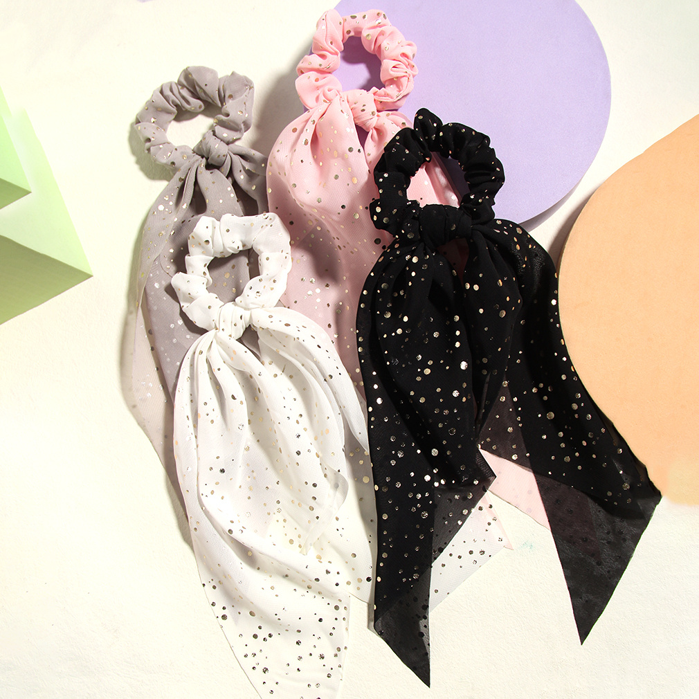 Image of Set Of 4 Items Including A Chiffon Triangle Scarf With Golden Polka Dots And A Hair Tie With Ribbons