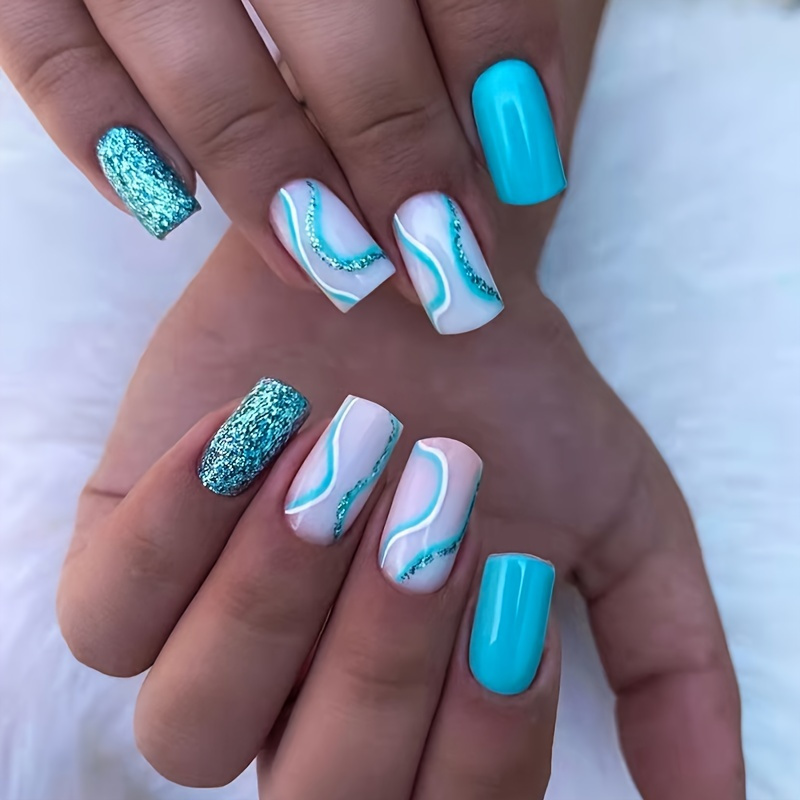 

24 Pcs Press On Nails Medium Square Fake Nails With Nail Glue Blue And White Swirl Full Cover Stick On Nails Short French Blue False Nails With Glitter Sequins Acrylic Nails For Women And Girls