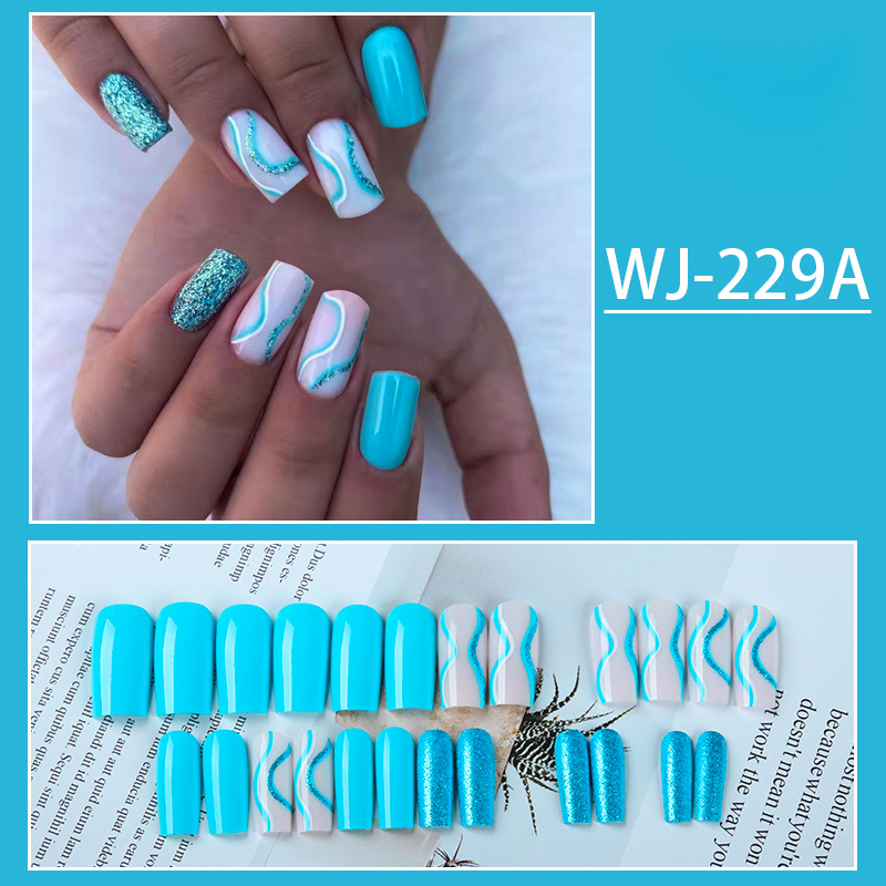 24 Pcs Press On Nails Medium Square Fake Nails With Nail Glue Blue And  White Swirl