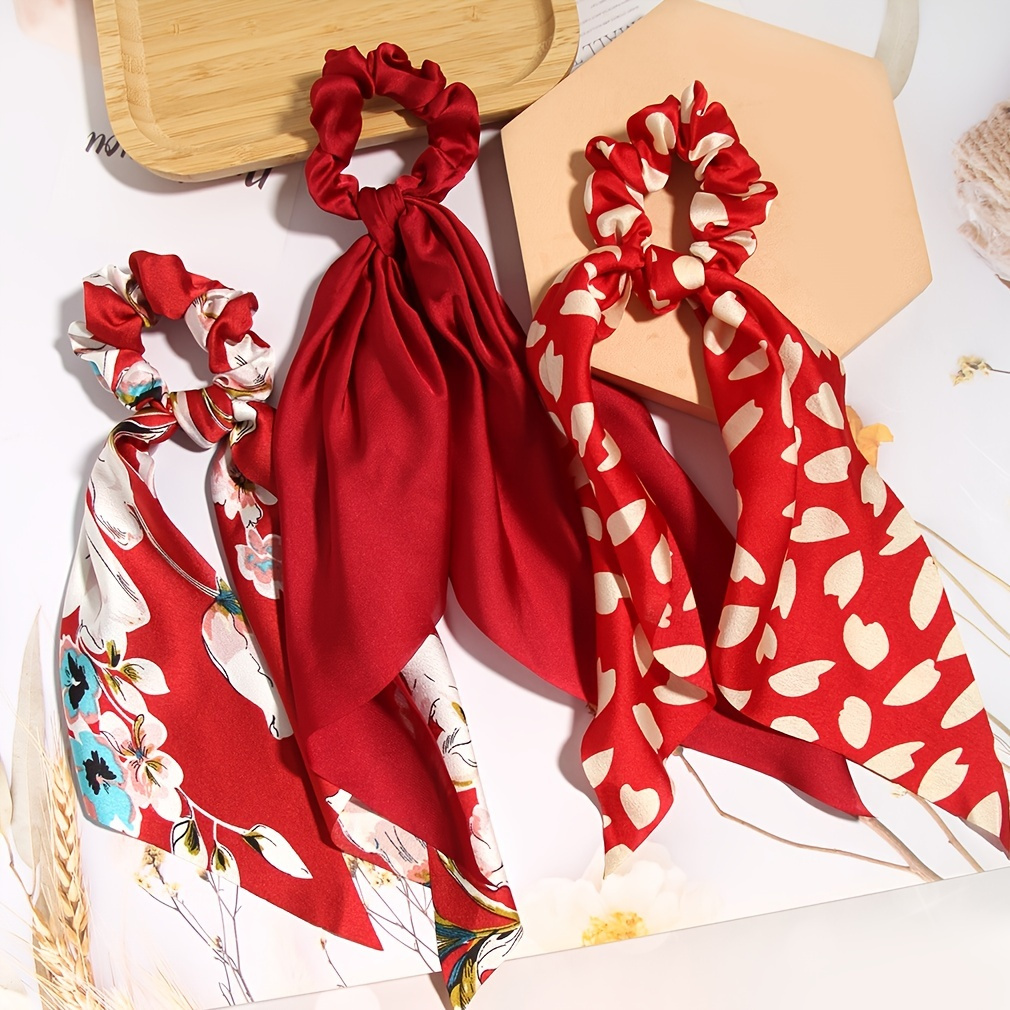 

3pcs Red Floral Heart Hair Scrunchies Chiffon Elastic Hair Scarf Scrunchies Soft Scarf Ribbons Bowknot Ponytail Holder For Women