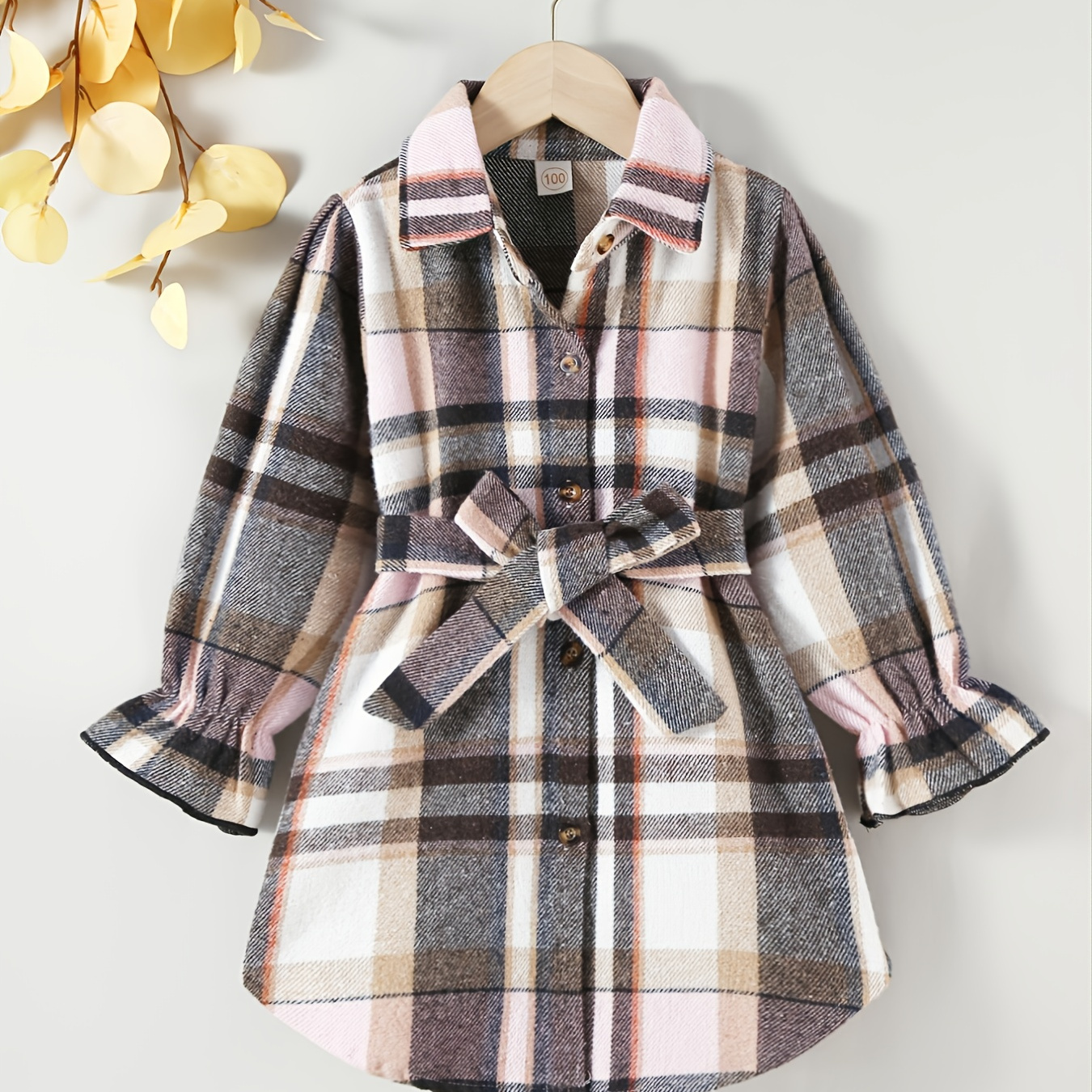 Toddler Girls Plaid Long Sleeve Button Down Jacket With Belt Kids