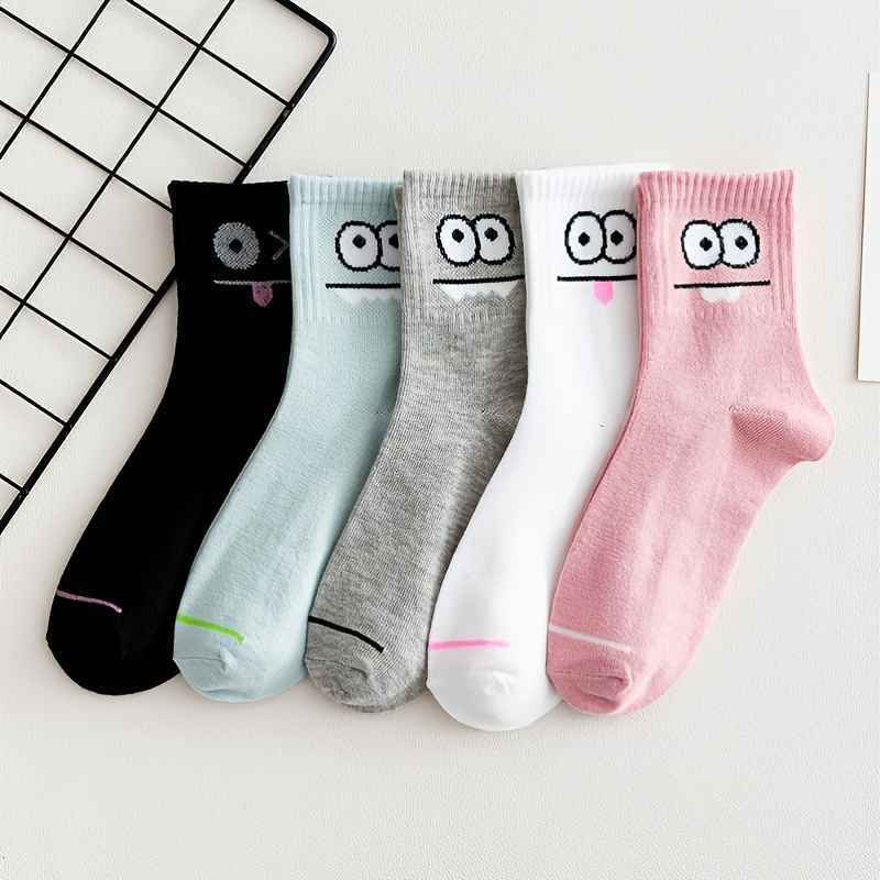 

5pairs Unisex Cartoon Big Eyes All Season Sweat Absorbing Ankle Socks For Men Women