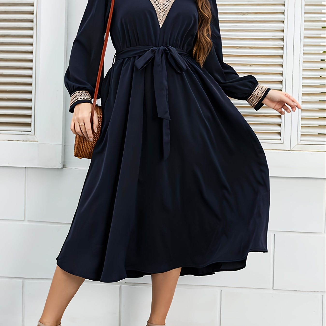 Plus Size Contrast Lace V Neck Under Knee Dress Plus Size Solid 