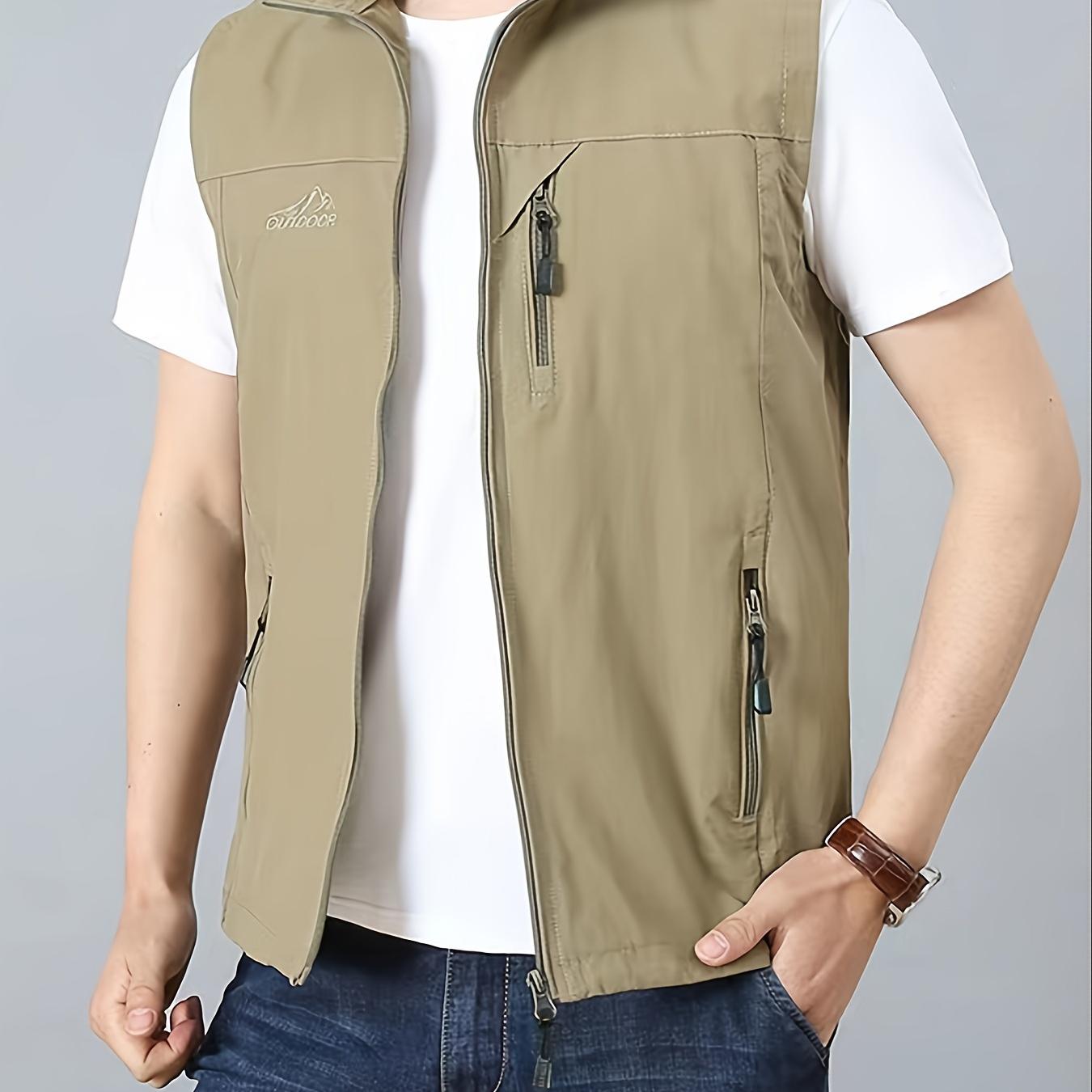 Men's Stand Collar Cargo Vest With Multi Pockets Breathable Sleeveless