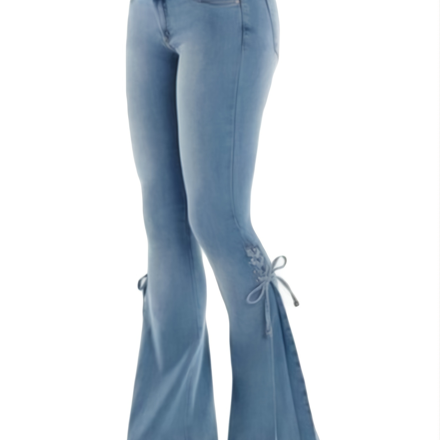 Embossed Crotch Button Bell Bottom Jeans, Stretchy Slim Fitting Slash ...