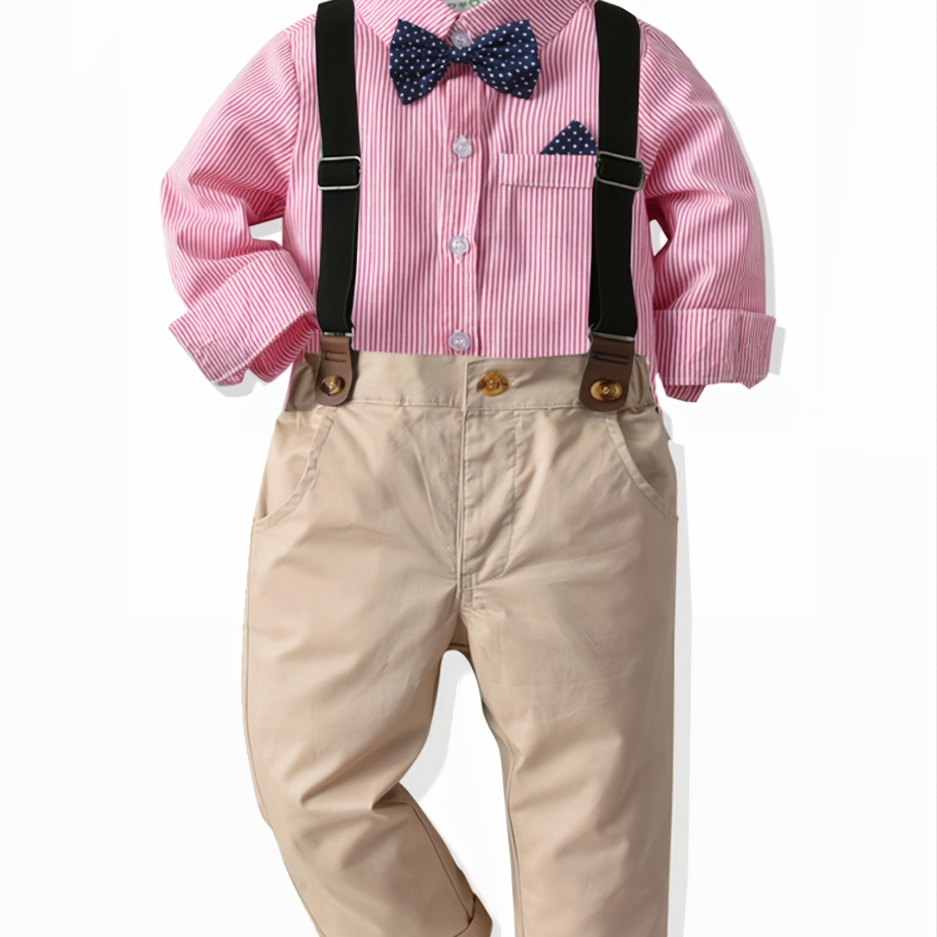 

Baby Boys Gentleman Outfit Long Sleeve Button Down Bowtie Striped Shirt & Suspender Pants Set Kids Clothes