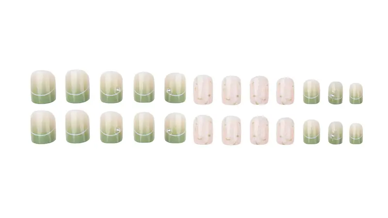 Glossy Green Tip And White Flower Design Press On Nails For Women And ...