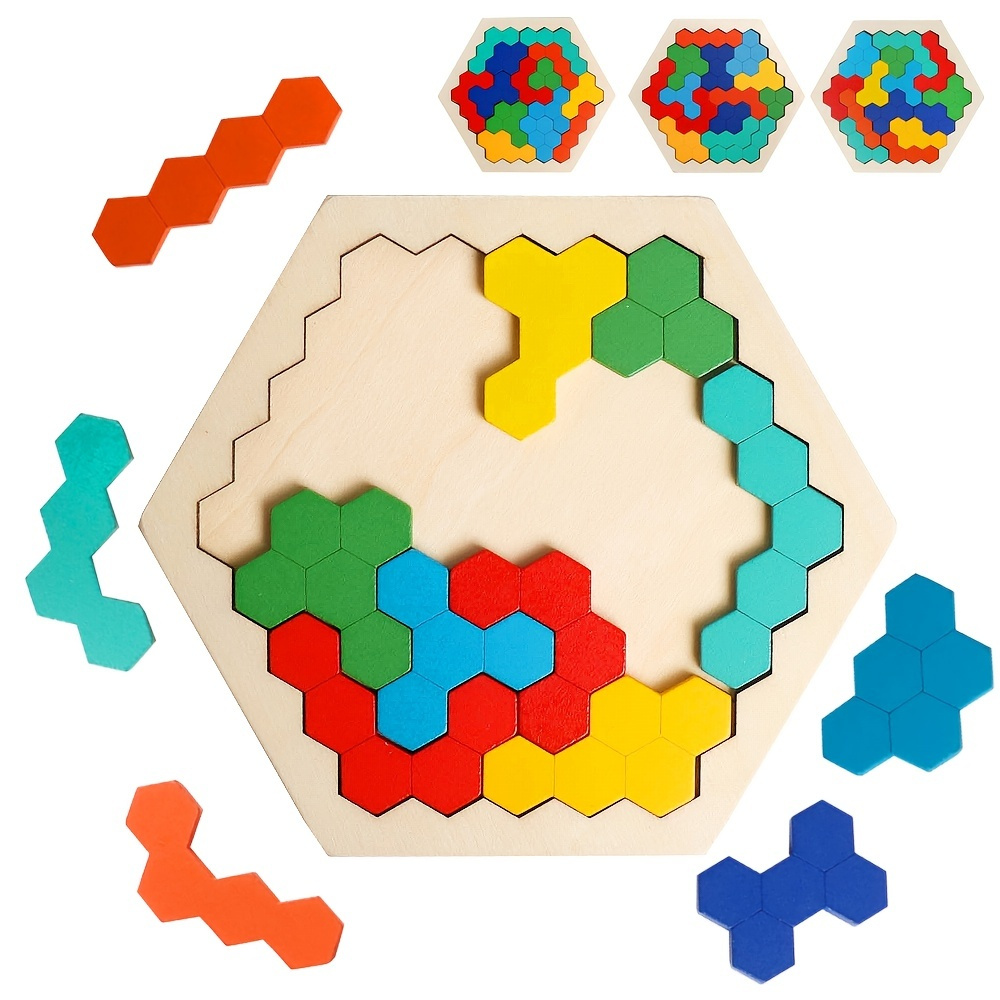 Kids Puzzle Toy Wooden Hexagon Honeycomb Colorful Shapes Jigsaw Puzzles  Clever Board Toys for Children Adults IQ Hexagon Puzzle