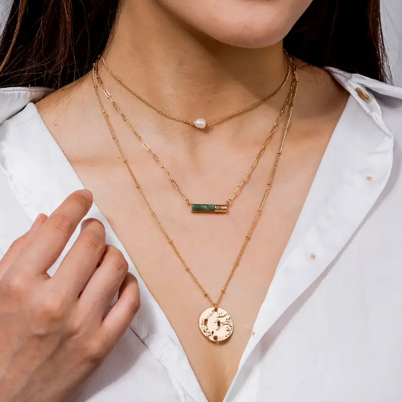Dainty Chain Necklace Round Shape Pendant Multi layer Copper Neck Chain Three Layers Clothing Decor