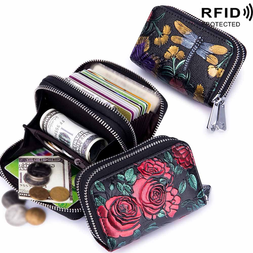 Double Zipper Card Holder Floral Pattern Zip Around Coin - Temu