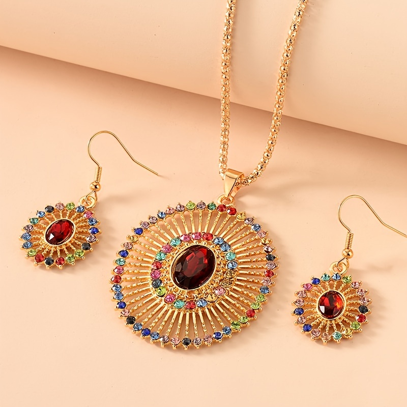 

Holiday Style Jewelry Set Sun Ray Shape Pendant Necklace & Hook Dangle Earrings Inlaid Colorful Synthetic Gems Perfect Valentine's Day Gift