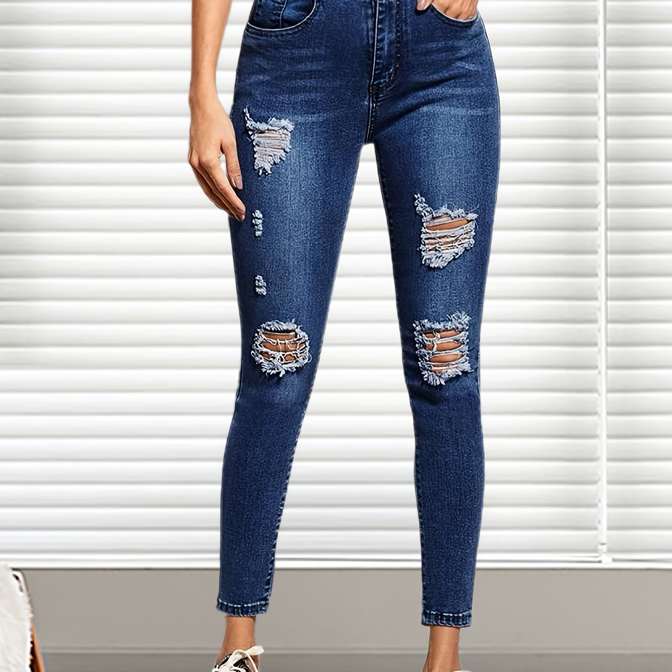 Blue Ripped High Waist Skinny Denim Pants, Stretchy Fitting Pencil Jeans,  Women's Denim & Clothing