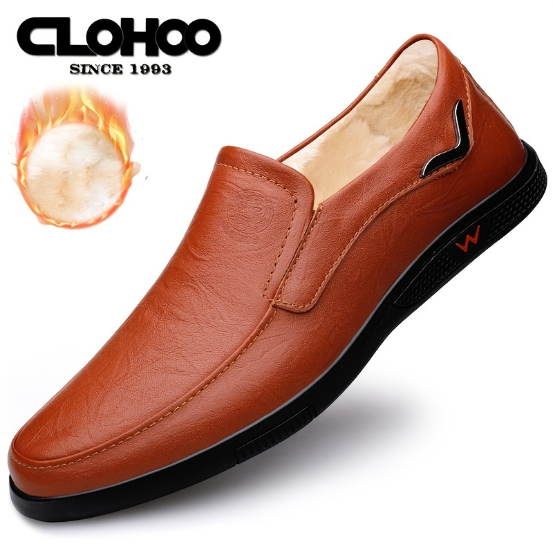 Clohoo Men's Leather Warm Fleece Comfortable Loafer Shoes With Rubber
