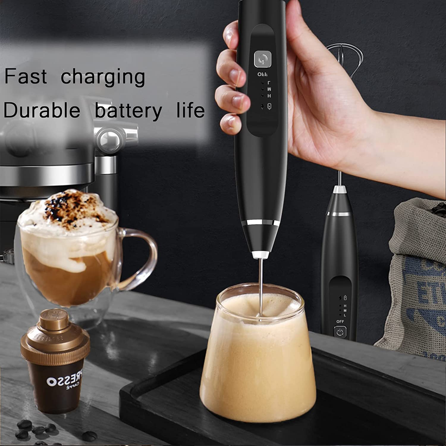 Electric Coffee Frother Hand Blender Accessory for Hot Chocolate,Drinks  Anti Slip Durable Compact Size Comfortable Grip Simple to Use , Black 
