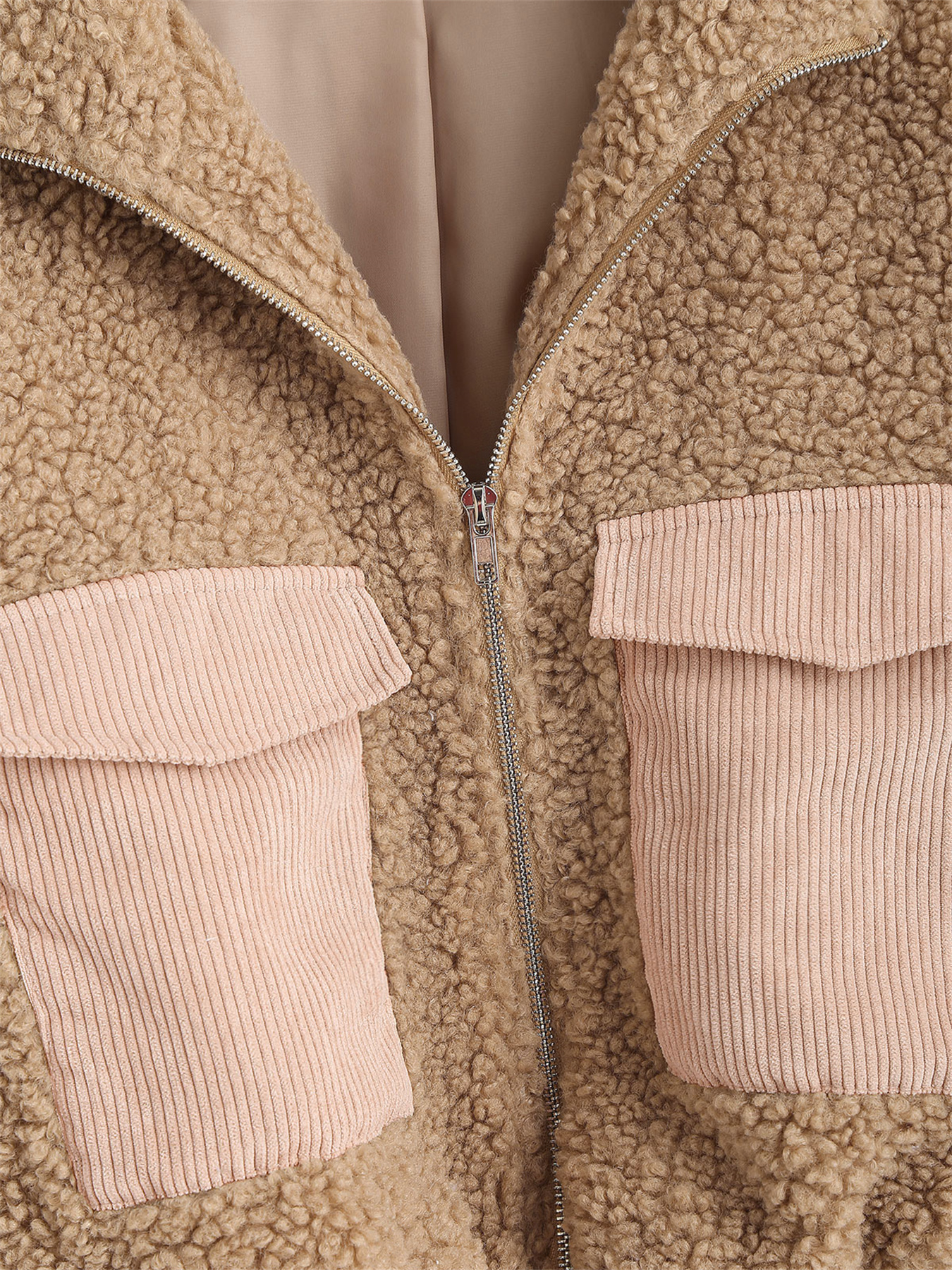 Color Block Flap Pocket Drop Shoulder Teddy Jacket Elegant - Temu