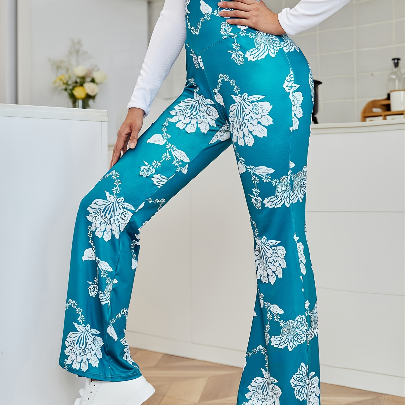 Women's Floral Satin Yoga Pants High Stretch Loose Fit Flare - Temu