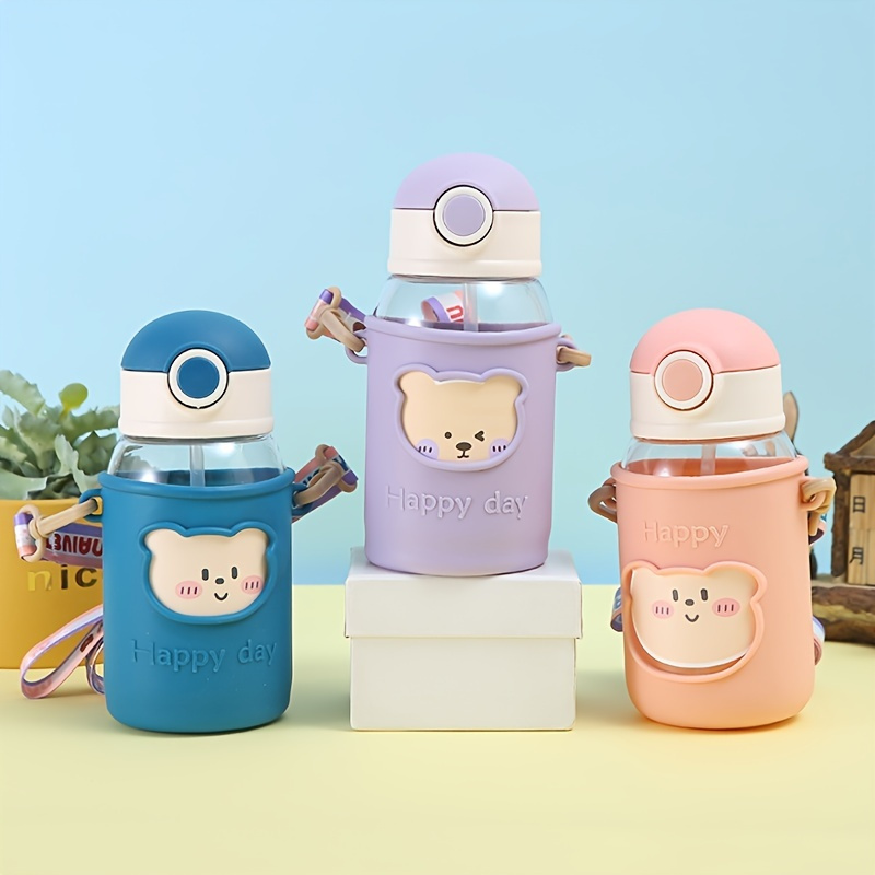 Kawaii Cute Water Bottle With Straw Plastic Bear Water Bottle For Kids 