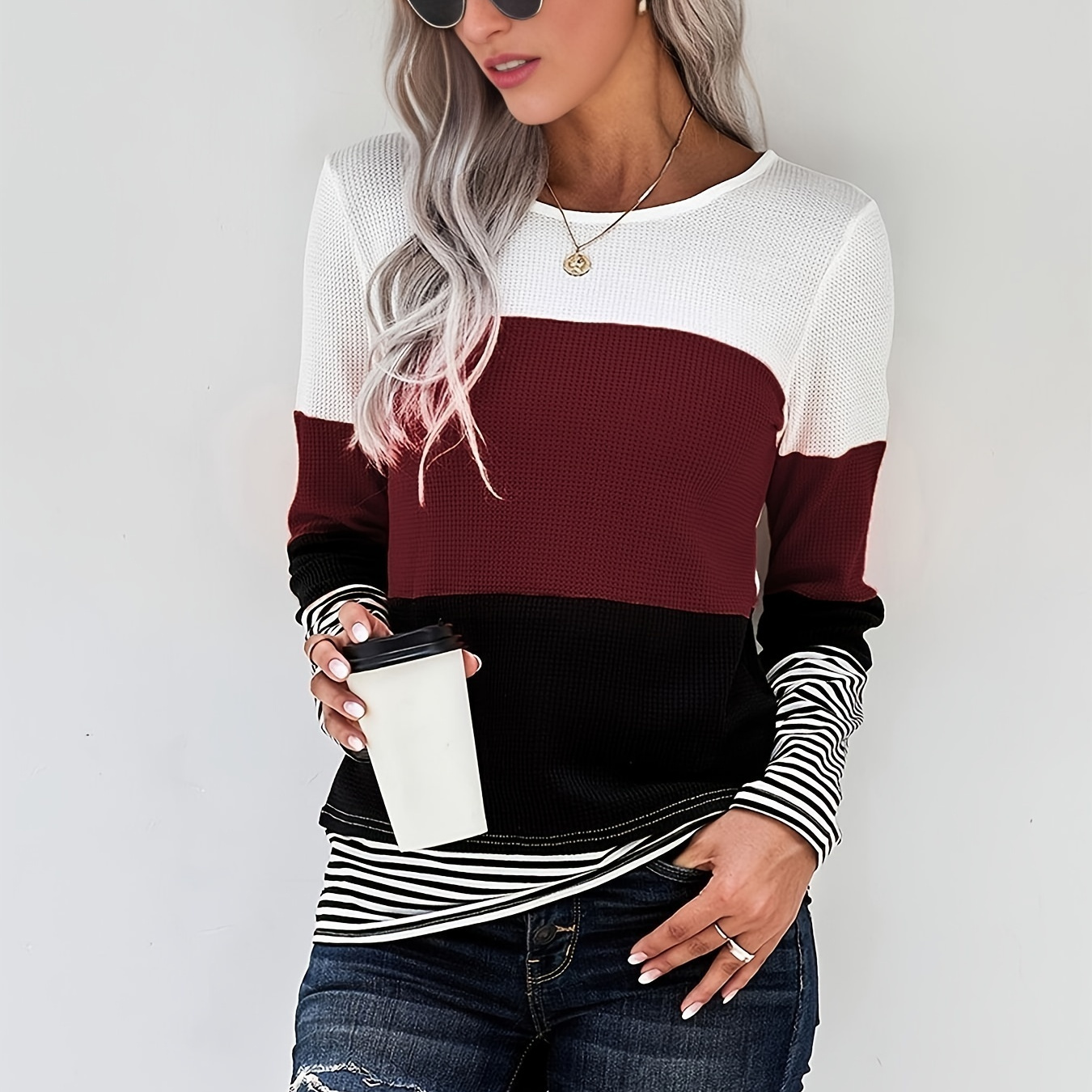 Patchwork print colorblock round neck sweatshirts women s women color