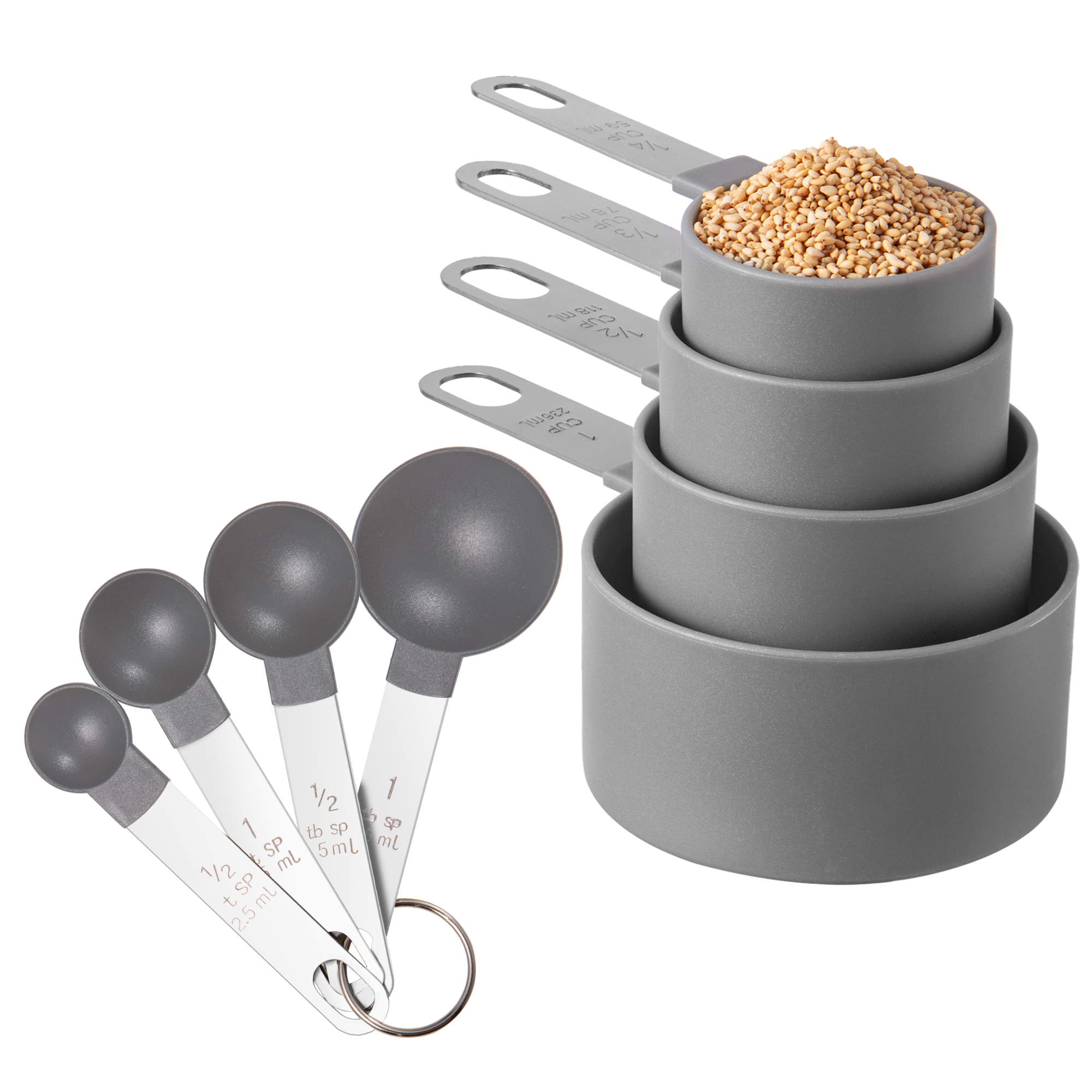 8Pcs/Set Measuring Cups And Spoons 8 Piece Stackable Stainless Steel Handle  Accurate Tablespoon For Measuring Dry And Liquid Ingredients Small Teaspoon  With Plastic Head