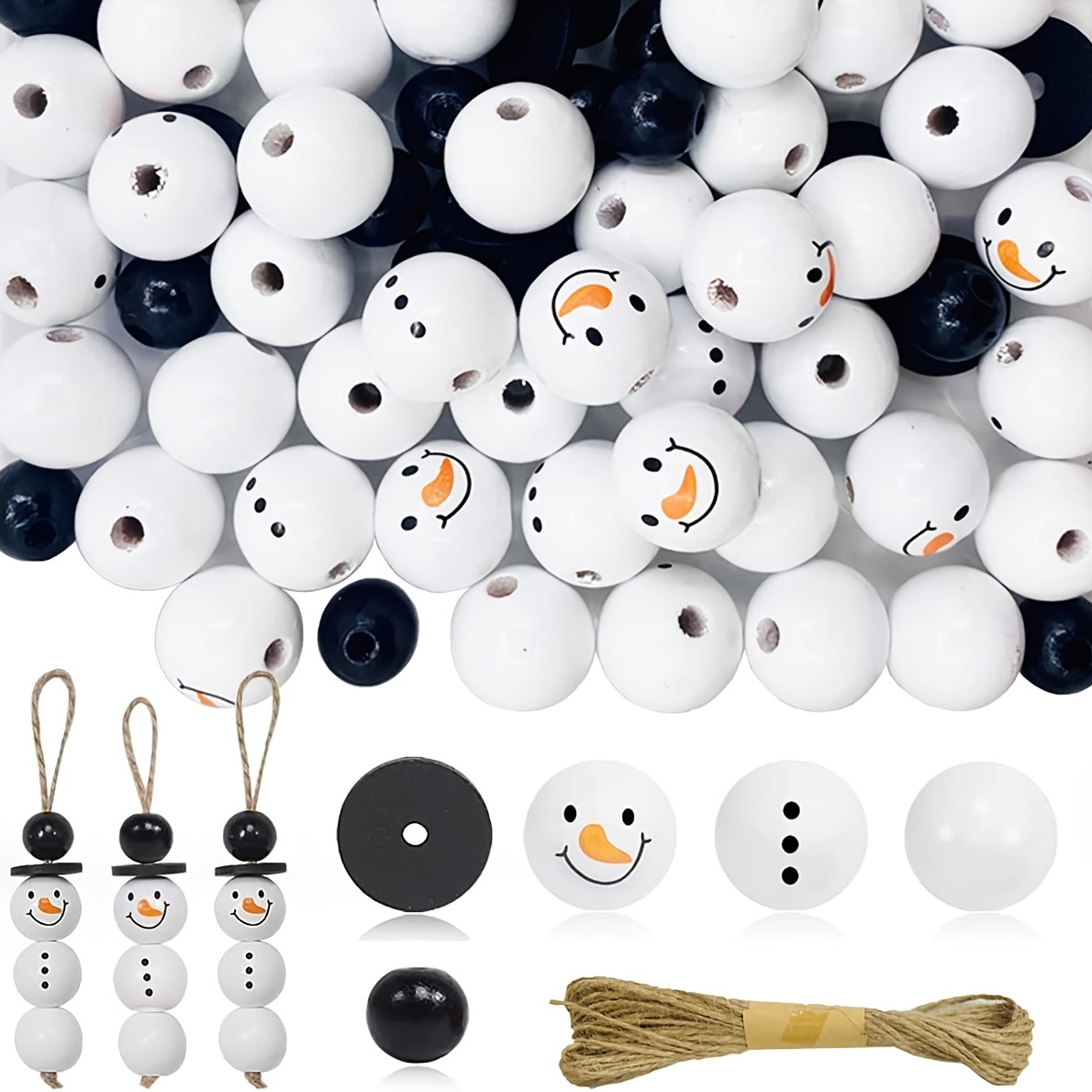 

50pcs/100pcs, Christmas Snowman Wooden Beads With Jute Twine, Winter White Round Wood Beads For Diy Crafting Making Holiday Party Home Decor