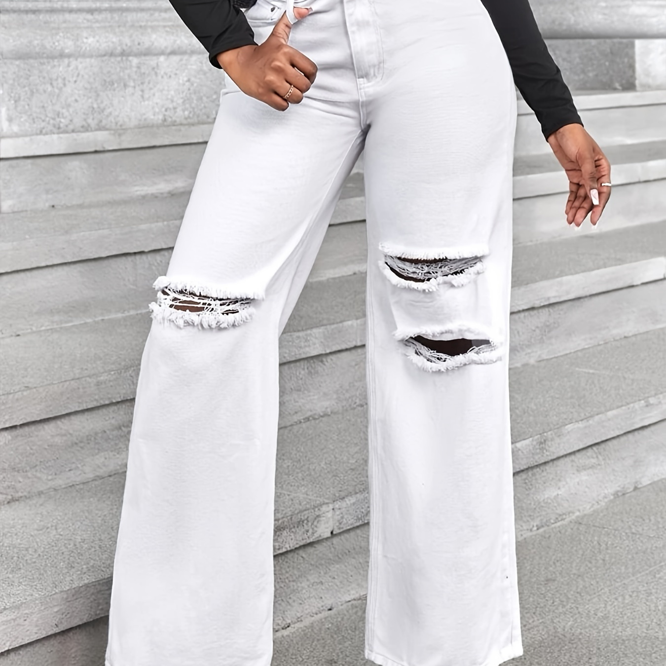 Black Multipocket Contrast White Seam Loose Denim Cargo Pants, Solid