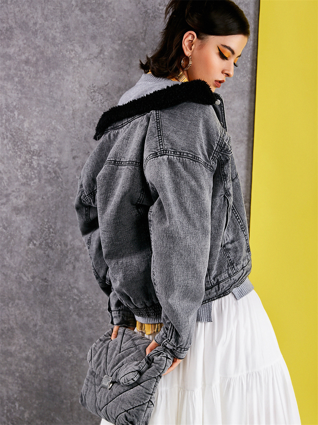 Faux Shearling Lined Collar Flap Pocket Washed Grey Color Denim Jacket